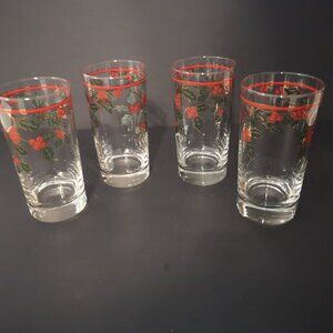 Vintage Cutler Christmas Glass Tumblers Set of 4 with Holly Berries & Leaves